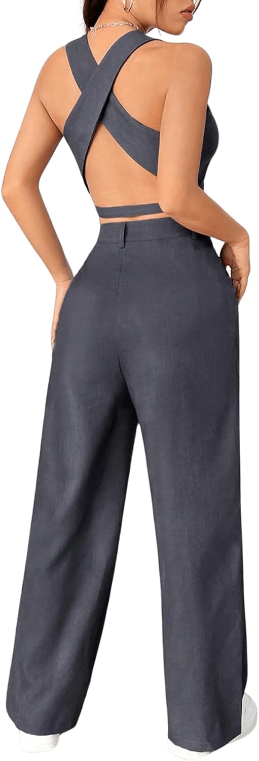 SweatyRocks Women's 2 Piece Solid Sleeveless V Neck Cross Back Button Down Blazer and Pants Business Office Suit Set - Image 3