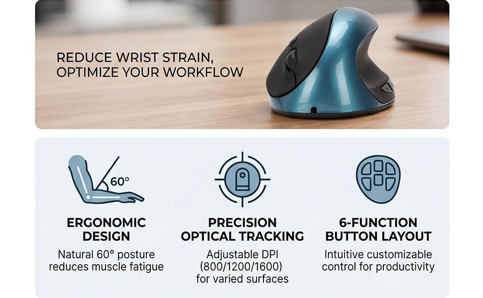 Ratón inalámbrico vertical Garsent con sensor óptico, 6 teclas y 3 niveles de DPI ajustables 5