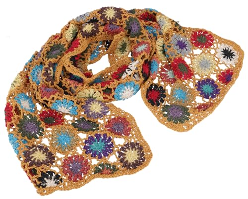 GURU SHOP Häkelschal mit Bunten Blümchen, Boho Schal - Rostorange, Damen
