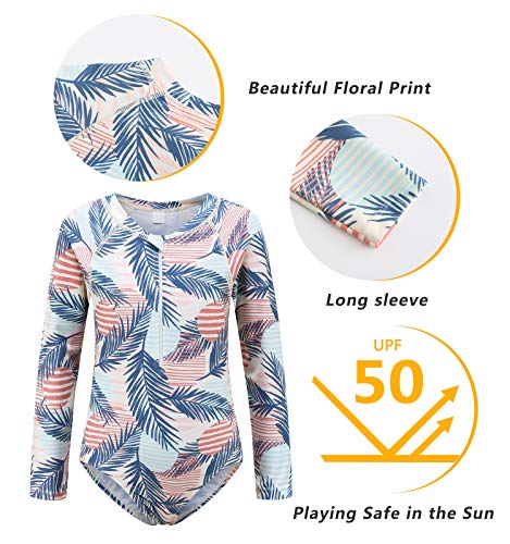 Image of Girls Long Sleeve Rash Guard One Piece Swimsuit Kids UPF 50+ Sun Protection Swimwear Rainbow Striped Bathing Suit 3-14 Years