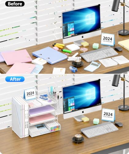 Image of OPNICE Desk Organizers and Accessories, 4-Tier Desktop File Organizer with Drawer and Pen Holders, Office Desk Accessories Workspace Organizers for Office Supplies (Soft White)