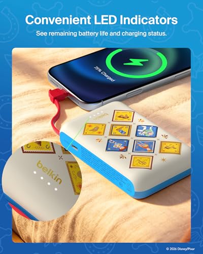 Image of Belkin Disney Toy Story 5 Power Bank, BoostCharge Portable Charger with Integrated Cable 10K PD 20W - Fast Charge USB-C Power Delivery, Portable iPhone Charger for iPhone 17, iPad Pro, Galaxy S26