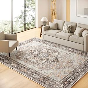 5x7 Washable Neutral Area Rug Beige Vintage Living Room Bedroom Carpet Non-Slip Soft Low Pile Farmhouse Indoor Throw Rug for Dining Room Entryway Office 5' x 7' (Rectangular) Beige