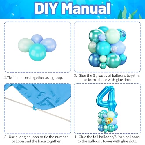 Image of 40 Inch Number 4 Balloon Blue Ocean Under the Sea Number Four Foil Balloons Tower with Shark Bubble Fish for Boys 4th Birthday Party Decor Blue Green Underwater Digital Aluminum Balloons Stack
