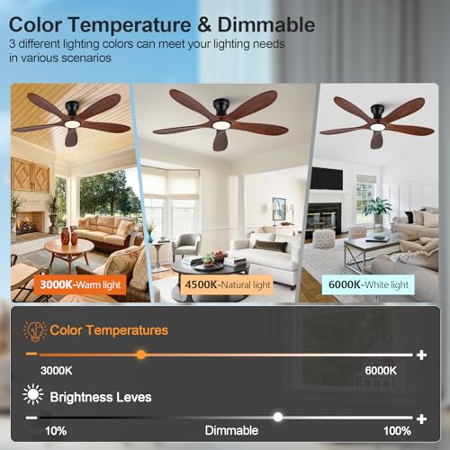 Image of 52 Inch Flush Mount Ceiling Fans with Lights and Remote, Dimmable 5 Blade Wood Outdoor Ceiling Fan Outdoor Fans for Patios Low Profile Modern Ceiling Fan with Light for Bedroom Living Room