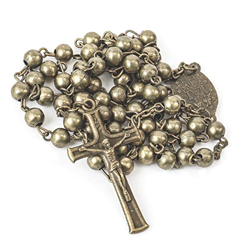 Nazareth Store WWII Combat Design Bronze Rosary Beads Handmade Metal Beaded Men Necklace Miraculous Medal with Jesus Crucifix