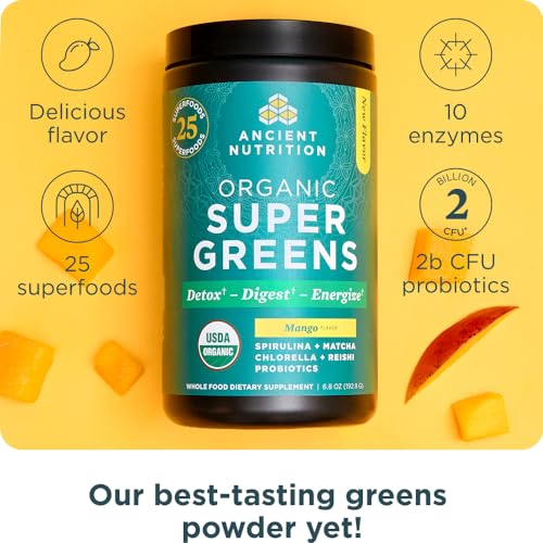 Ancient Nutrition SuperGreens Powder with Probiotics, Organic Mango Flavor Greens, Made from Real Fruits, Vegetables and Herbs, Digestive and Energy Support, 25 Servings, 6.8oz - Image 4