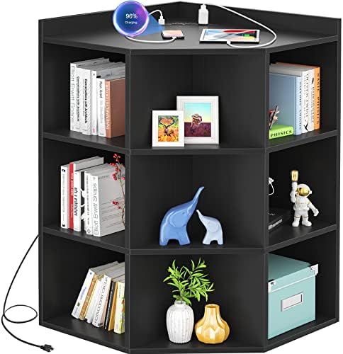 Aheaplus Corner Cabinet, Black Corner Storage with USB Ports and Outlets, Corner Cube Toy Storage for Small Space, Wooden Cubby Corner Bookshelf with 9 Cubes for Playroom, Bedroom, Living Room, Black
