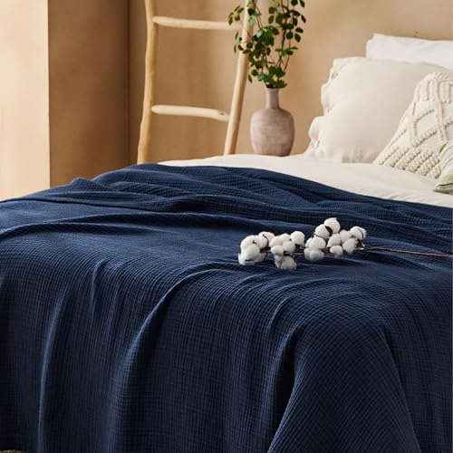 Bedsure 100% Cotton Muslin Blanket Queen Size for Bed, 4-Layer, Navy Blue by Bedsure - Used condition - Image 7