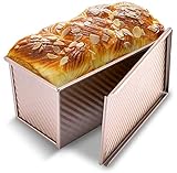 KITESSENSU Pullman Loaf Pan with Lid, 1 lb Dough Capacity Non-Stick Bakeware for Baking Bread, Carbon Steel Corrugated Bread Toast Box Mold with Cover for Baking Bread, Gold(8.27X4.80X4.53 Inch)