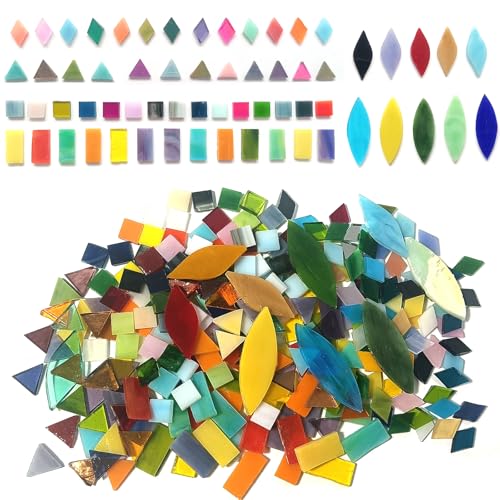 1000 Pcs Stained Glass,5 Shapes Mixed Color Stained Glass Pieces,1.7LB Hand Cut Flower Leaves Mosaic Tiles for Arts and Crafts,Colorful Tiles for Mosaic Projects