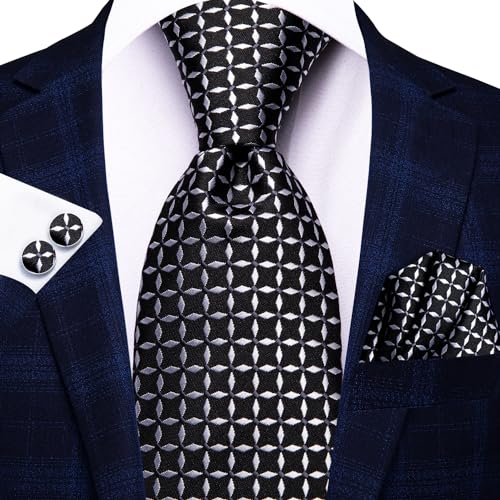 Image of Hi-Tie 3 Pcs Gift Box Mens Tie Set Necktie with Pocket Square Cufflinks Lapel Pin Silk Neck Tie Collection