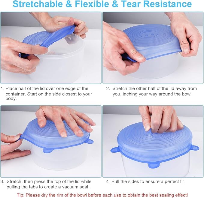 Image of Reusable Premium Silicone Stretch Lids for Food Storage, Flexible Elastic Heat-Resistant Silicone Bowl Covers, Cups, Cans, 6 Different Sizes, Keep Food Fresh Blue & White (18)