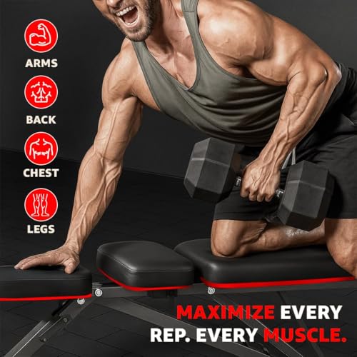 Image of PowerMax Fitness PUB-96 Adjustable Weight Bench for Home Gym with Resistance band | 150KG Max Load | Multi-Purpose Flat Incline Decline (FID) Bench | Strength Training Exercise Workout | Steel Frame