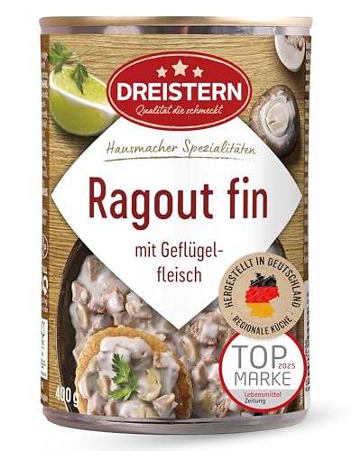 DREISTERN Ragout Fin 400g I Mit Geflügelfleisch & Champignons I Herzhaftes Fertiggericht in recyclebarer Konservendose I Lange Haltbarkeit dank natürlicher Konservierung I Hausmacher Qualität