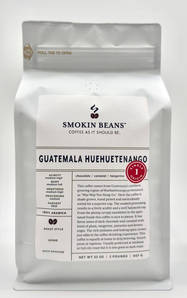 Smokin Beans 2-Pound Guatemala Huehuetenango Freshly Roasted Coffee, Washed Processing, Full City Roast, Premium Whole Bean Specialty Coffee