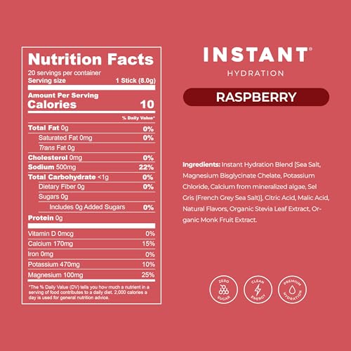 Image of Instant Hydration Sugar Free Electrolytes Powder Packets - Raspberry Electrolyte Drink Mix & Travel Essentials - Post Workout Recovery, Brain Health, Muscle & Tissue Support - 20 Sticks