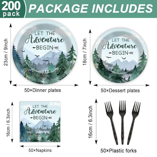 Image of ZOIIWA 200 PCS Adventure Awaits Tableware Disposable Let The Adventure Begin Party Supplies Dinnerware Set Baby Shower Plates Napkins Birthday Party Decoration Serve 50 guest