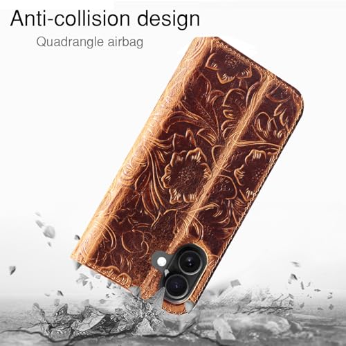 RMAWRAD Leather Case Compatible with iPhone 16 Wallet 6.1 Inch,Genuine Leather Shockproof,Full Encirclement Protection Flip Folio Cover with Card Slot Kickstand,Dark Brown by RMAWRAD - Used condition - Image 3