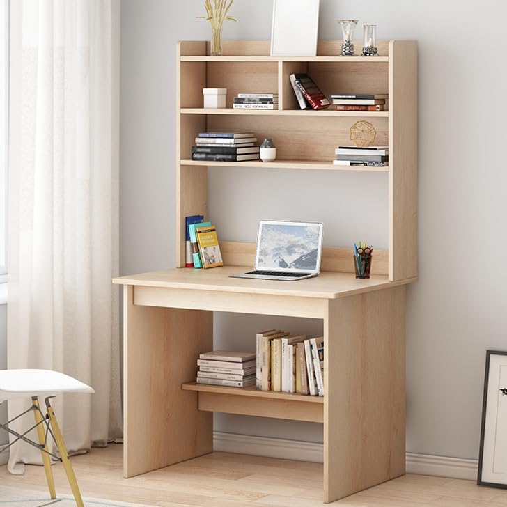 LITFAD Modern Computer Desk Work from Home Desk with Hutch, Bookcase and Integrated Cable Management, Drawer Not Included, 23.6" L x 15.7" W x 59.8" H, Natural