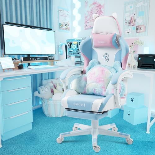 Cute Cat Ears Gaming Chair - Pink Blue Unicorn Design, Ergonomic PU Leather Office Chairs Cute with Lumbar Support, 360° Swivel Recliner