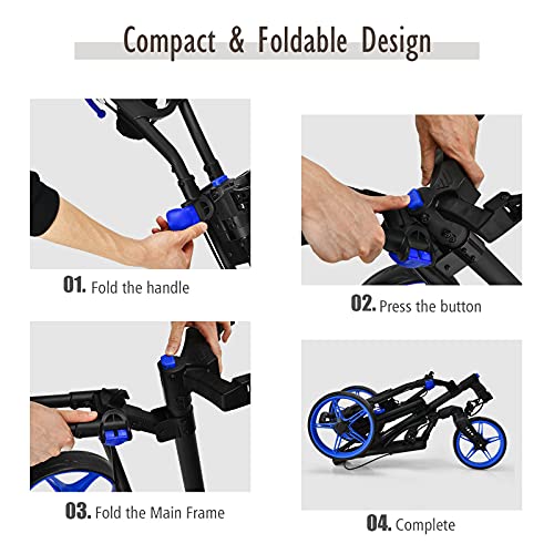Tangkula Golf Push Cart With 360° Swivel Front Wheel, Aluminum Collapsible 3 Wheels Golf Pull Cart, Golf Trolley W/Elastic Strap, Scoreboard Storage & Foot Brake, Height-Adjustable Handle (Navy Blue) #TOP5