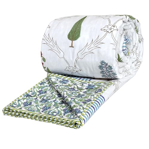 Image of TOAIArt Premium Jaipuri Dohar | AC Blanket Summer Quilt | Hand Block Printed | 3 Layers | Reversible | 150GSM 100% Mulmul Cotton | 100% Cotton Flannel Filling | Queen 90 inch X 108 inch |Adil Jaal