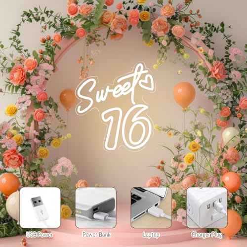 Image of Sweet 16 Neon Sign for Wall Decor Personalized Sixteen Birthday Light Sweet 16 LED Light Sign Sweet Girl Bedroom Happy Birthday Party Wall Decor Party Gift Warm White