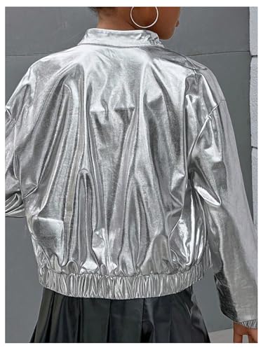 Verdusa Girl's Metallic Zip Up Jacket Mock Neck Long Sleeve Drop Shoulder Jacket Outerwear2