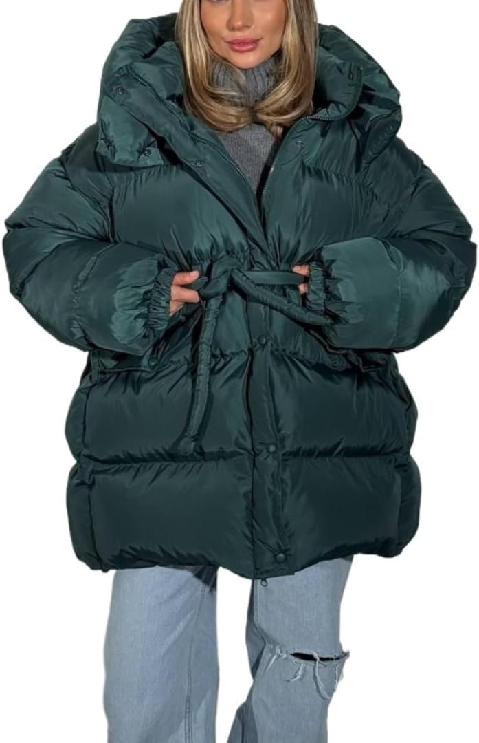 Women's Hooded Long-Sleeve Coat, Winter Thicken Puffer Jacket with Pockets, Windproof Stand Collar Long Outerwear