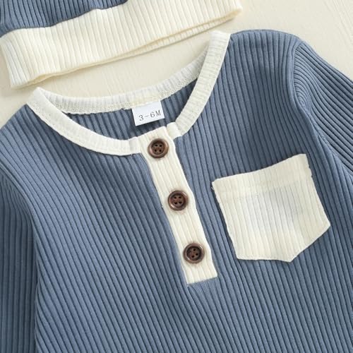 fhutpw Newborn Baby Boy Clothes Ribbed Knit Bodysuit 3 6 Months Infant Fall Long Sleeve Splicing Color Romper Jumpsuit & Hat 5