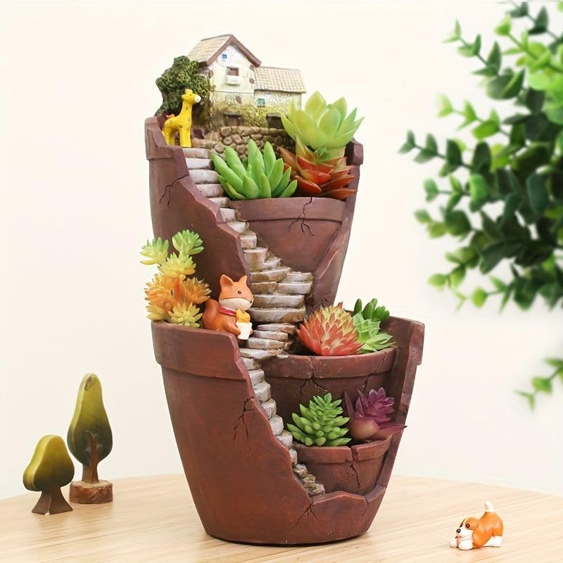 植木鉢 お家付き 階段付き プランター ２段植木鉢 多肉植物 花壇 Amazon.co.jp: [Rebirth]植木鉢 お家付き 階段付き プランター