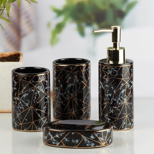 Image of SaSaSa Ceramic Bathroom Accessories Set of 4 Modern Bath Set with Soap Dispenser & Toothbrush Holder, Luxury Home & Gift Idea, Black /Gold (10199)