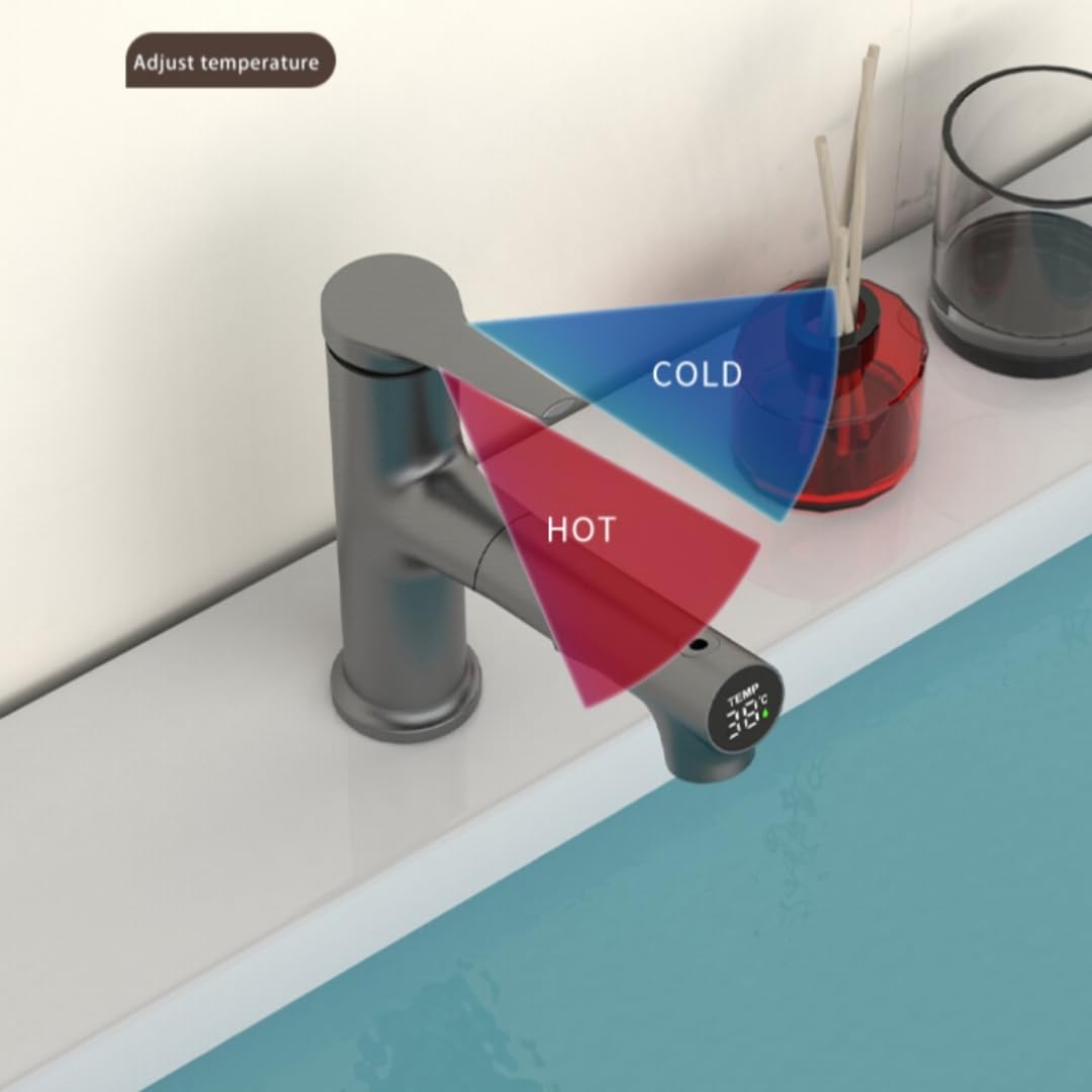 Bateria umywalkowa z wyświetlaczem temperatury, wyciągana, z mieszaczem wody ciepłej i zimnej, jednootworowa, do umywalek łazienkowych (biała)