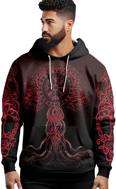 Viking Men's Hooded Collar Drawstring Hoodie Graphic Print Oversized Pullover Shirts with Pocket