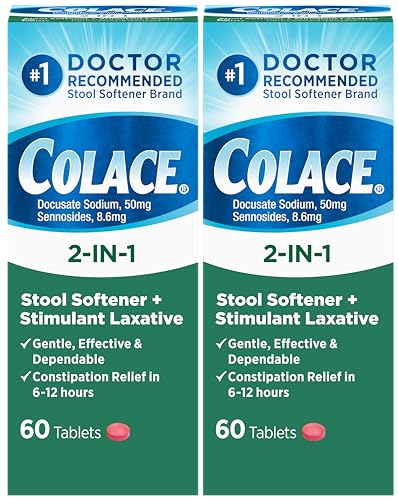 Colace 2-in-1 Stool Softener Plus Stimulant Laxative Tablets 60 Count (Pack of 2) Gentle Constipation Relief Docusate Sodium Plus Sennosides