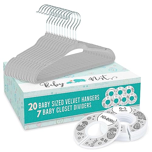 Image of Baby Nest Designs 20x Baby Hangers for Closet with 7X Baby Closet Dividers for Nursery Velvet Baby Clothes Hangers Unisex Newborn Essentials Baby Size Organizer for Infant Clothing to 24 Months