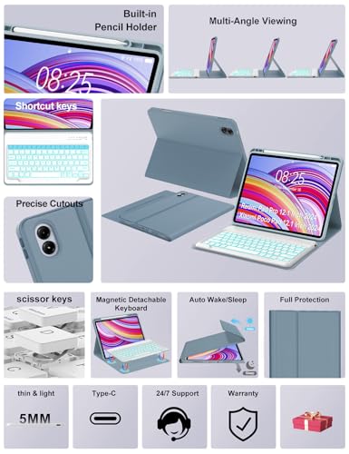 Image of Keyboard Case for Redmi Pad Pro / Xiaomi Poco Pad 12.1 Inch Case with Backlit Keypad, Detachable Wireless Key Board Cover with Pen Holder for Xiaomi Redmi Pro 12.1 inch 2024, 7-Color Backlight, Blue
