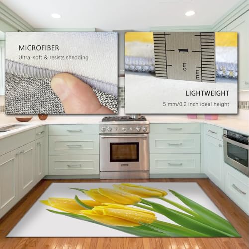 Tapis tulipe jaune lavable en machine résistant pour salon blanc