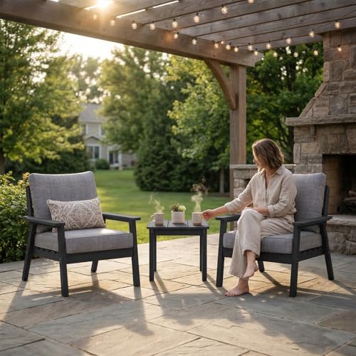 Image of LOUNZY HDPE Patio Conversation Set, 3 pcs Sectional Outdoor Furniture Set, All Weather Outdoor Couch Set Patio Furniture Set for Deck, Lawn, Black