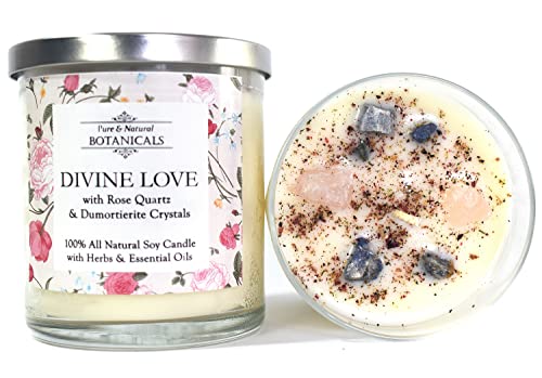 Divine Love Soy Candle 10 oz | Natural & Non Toxic | Crystals, Magnolia, Lily, Passion Flower & Sandalwood |Use in Rituals Related to Love & Compassion | Wiccan Pagan Spiritual