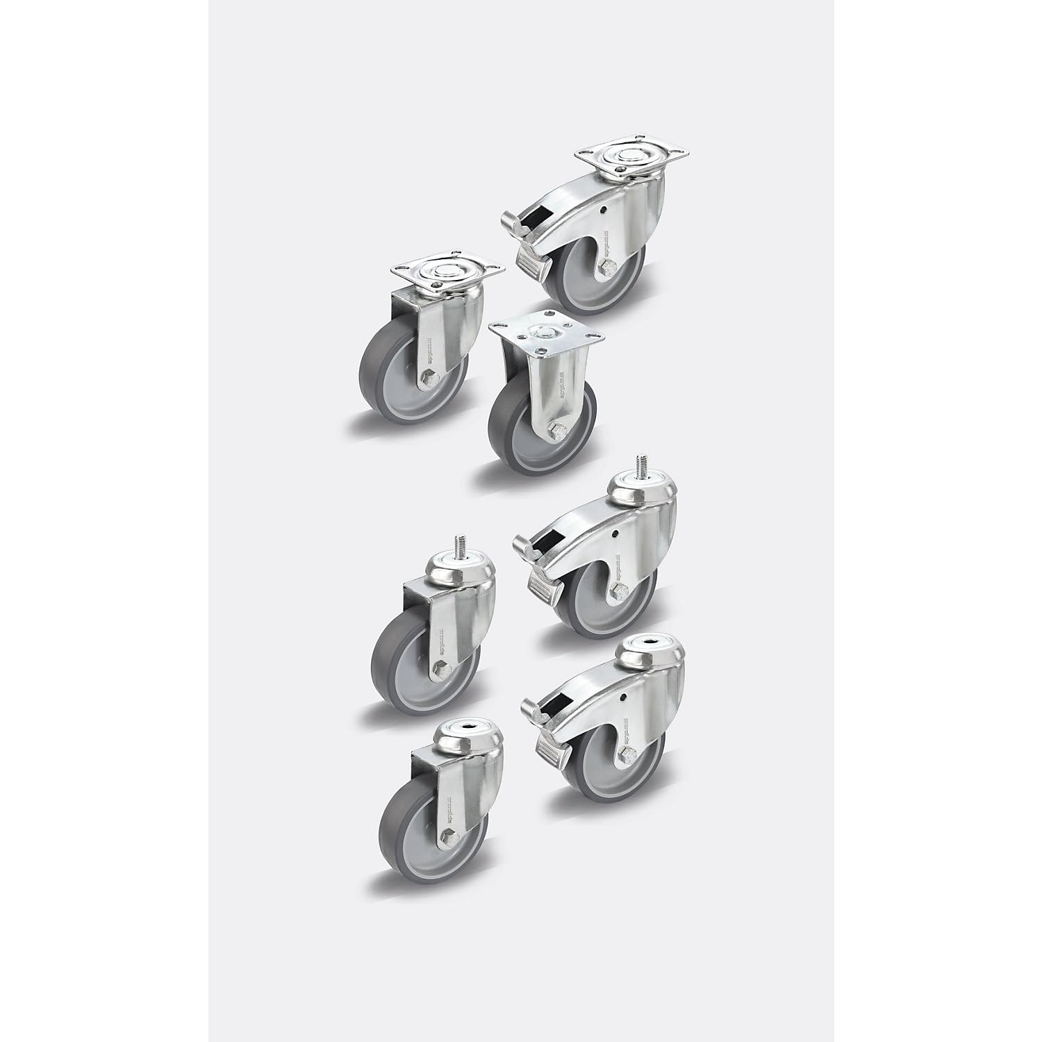 Set di ruote in gomma termoplastica | con piastra di montaggio | 2 rotelle pivottanti e 2 rotelle pivottanti con fermo doppio | Ø x larghezza ruota 75 x 25 mm | Con piastra di montaggio, 2 rotelle pivottanti e 2 rotelle pivottanti con fermo doppio, Ø x la