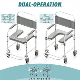 Littneo Bedside Commode with Wheels, Shower Wheelchair with 300 LBS Weight Capacity, Portable Toilet with Bucket for Elderly and Disabled
