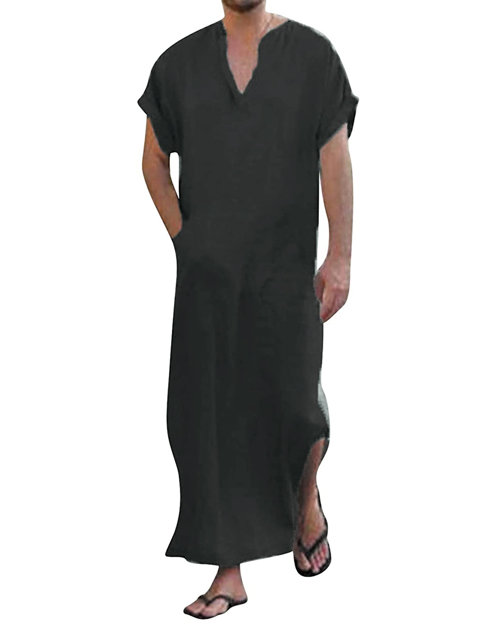 YAOHUOLEMen's Short Sleeve Kaftan Thobe Side Split Caftan with Pockets Long Gown Thobe