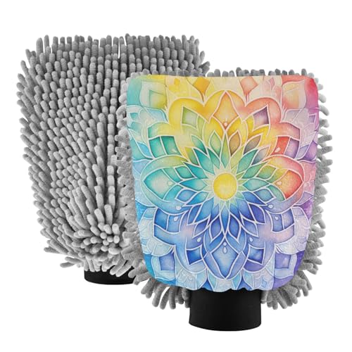 ALAZA Rainbow Mandala Colorful Car Wash Mitt Scratch Free, 2 Pack Absorbent Microfiber/Chenille Washing & Drying Mitts, L