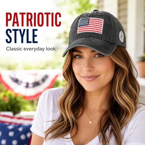Image of American Flag Baseball Cap for Men Women, Washed Cotton USA Hat, Adjustable Patriotic Cap for 4th of July