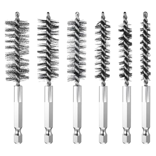 Image of 6Pcs Bore Brush Set, Stainless Steel Wire Bore Cleaning Brushes with 1 /4 inch Hex Shank Twisted Wire Bristles, Different Sizes (9, 11, 13, 15, 17, 19mm) for Power Drill, Rust and Tube Cleaning