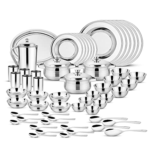 Image of Steelcraft Premium Stainless Steel Royal Dinner Set (Laser) 51 Pcs, High Grade Quality-with Silver Touch Finish, Kitchen Set for Home, Made in India, Steel Colour