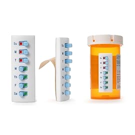 TAKE-N-SLIDE Peel and Stick Reusable for 12+Refills, Pill/Medication/Vitamin/Pet Med Tracker& Reminder, Attach to Your Bottle, Organizer-Free, CurvedBack, White & Blue (2-Pack, 1 Each)