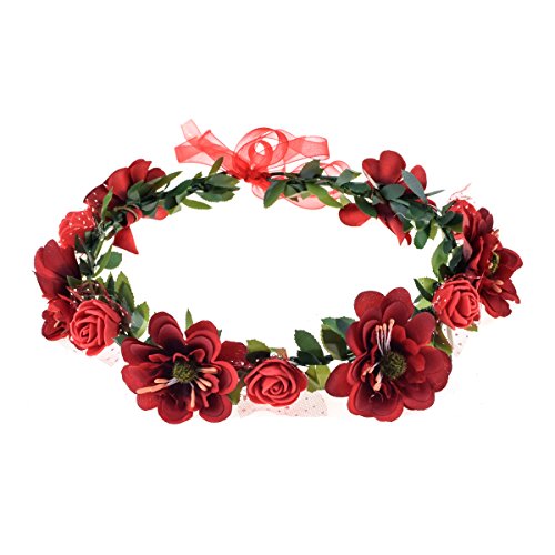 June Bloomy Rose Flower Leave Crown Bridal Halo Headband with Adjustable Ribbon (Red)